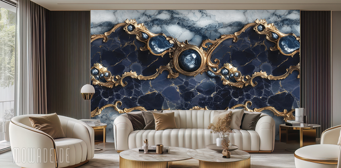 barocktapete blau gold wohnzimmer