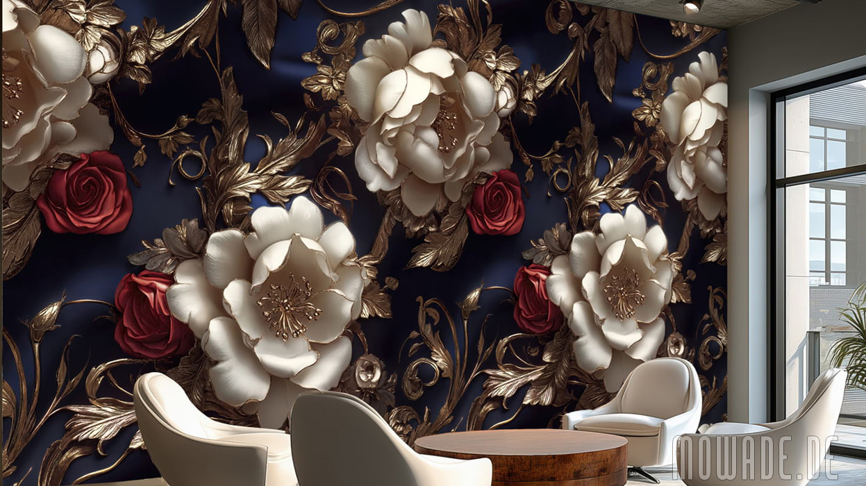 design-tapete blumen blau creme-weiss rot gold xxl