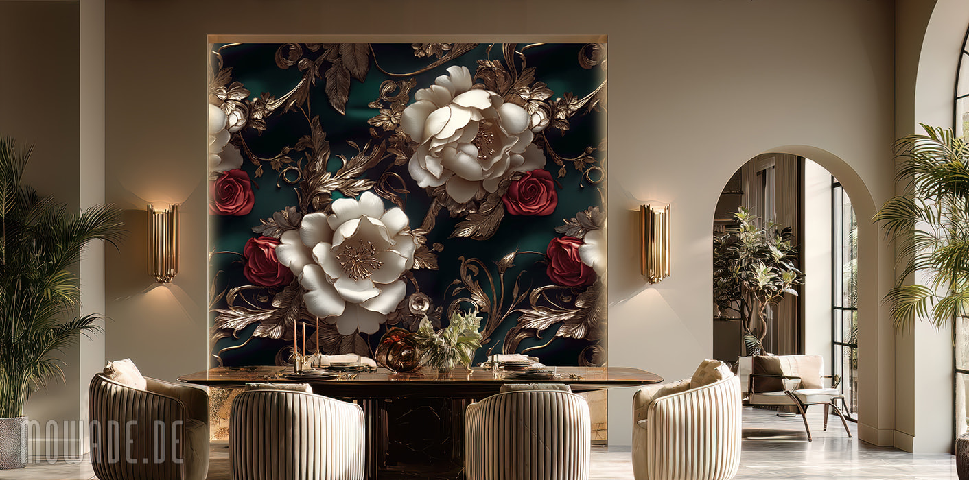design-tapete blumen gruen creme-weiss rot goldxxl