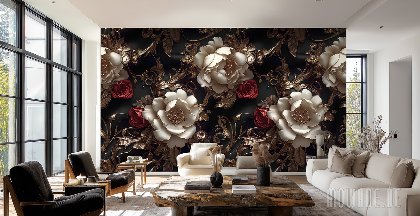 design-tapete blumen schwarz creme weiss rot gold xxl