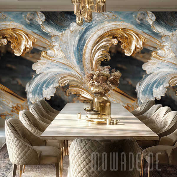 dynmische fototapete grosses akanthus ornament tuerkis gold neo-barock