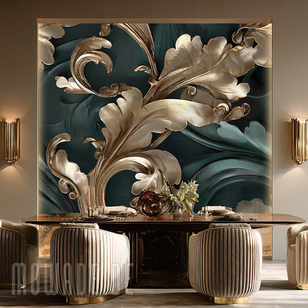 edle wandtapete gruen gold grosses akanthus ornament