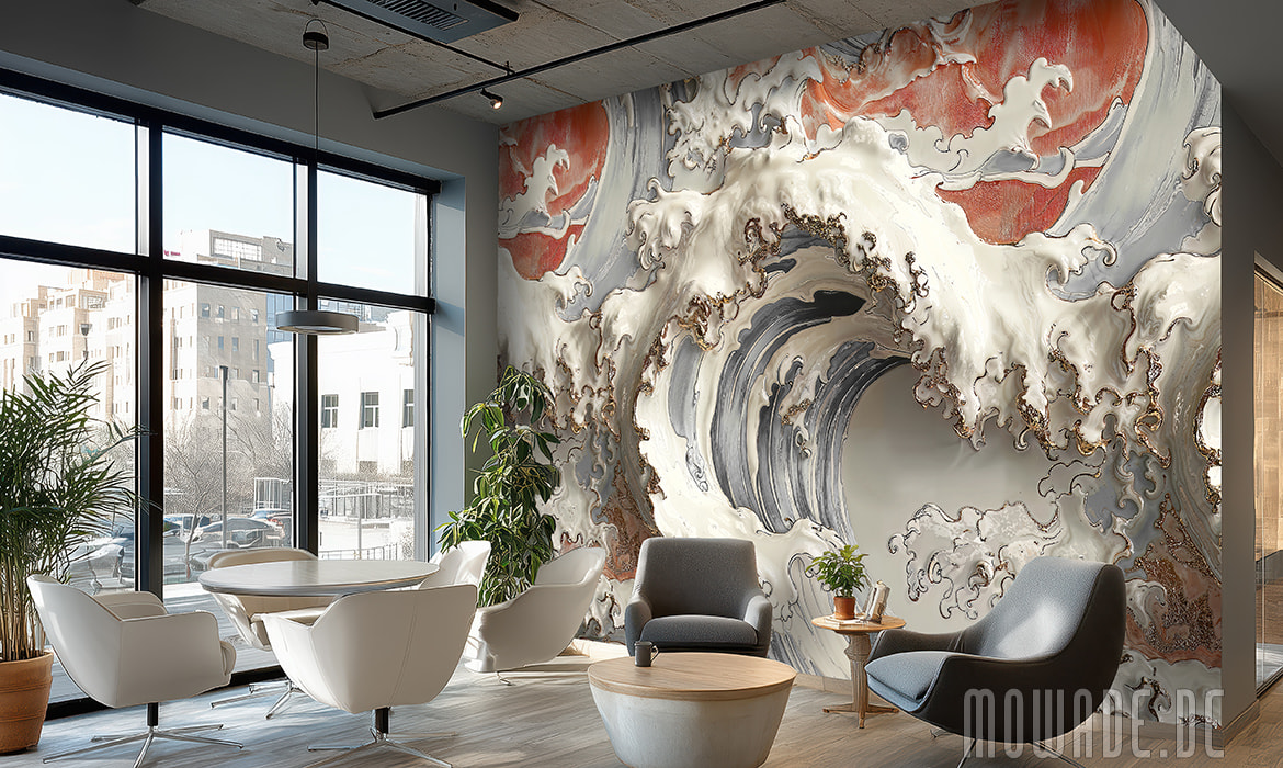 elegante bildtapete grosse welle grau creme-weiss rot