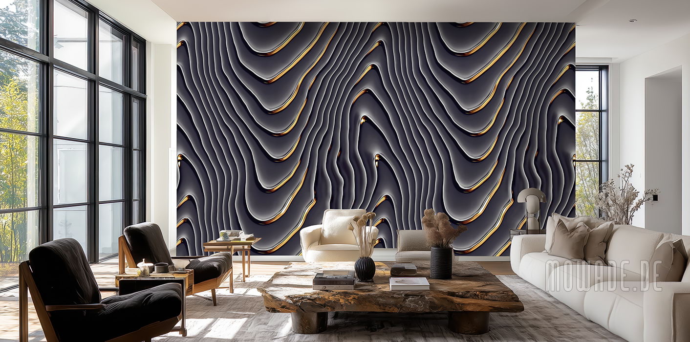 elegante designtapete schwarz gold hotel wohnzimmer wellen-motiv