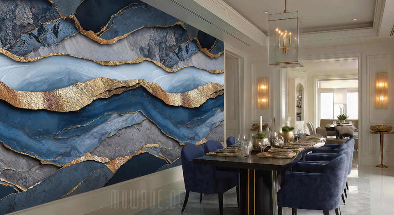 elegante fototapete felsen marmor blau gold