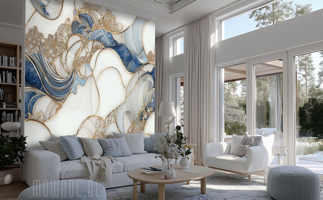 elegante fototapete wellenform blau weiss gold