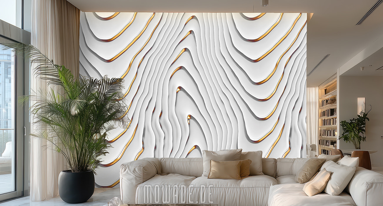 elegante vliestapete weiss-gold wohnzimme -wellen-motiv