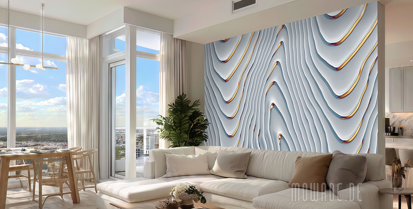 elegantes tapetendesign hellblau gold wohnzimmer lounge wellen-motiv