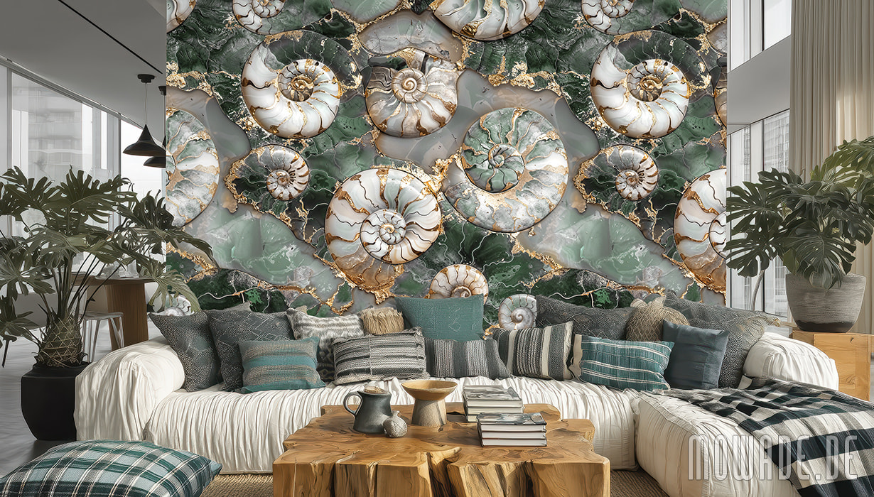 fototapete ammoniten gruen gold weiss