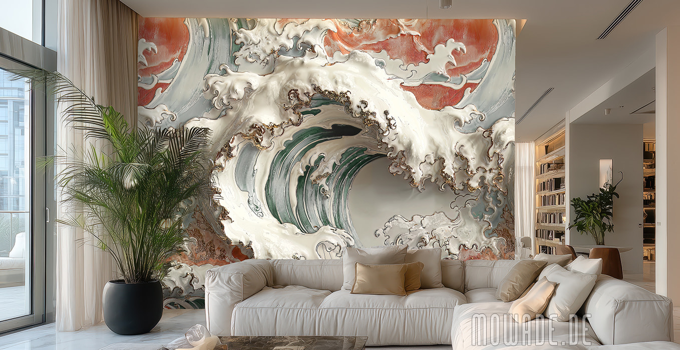 fototapete grosse welle gruen creme-weiss rot