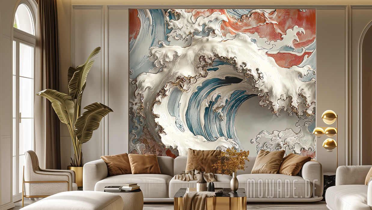 fototapete grosse welle tuerkis creme-weiss rot