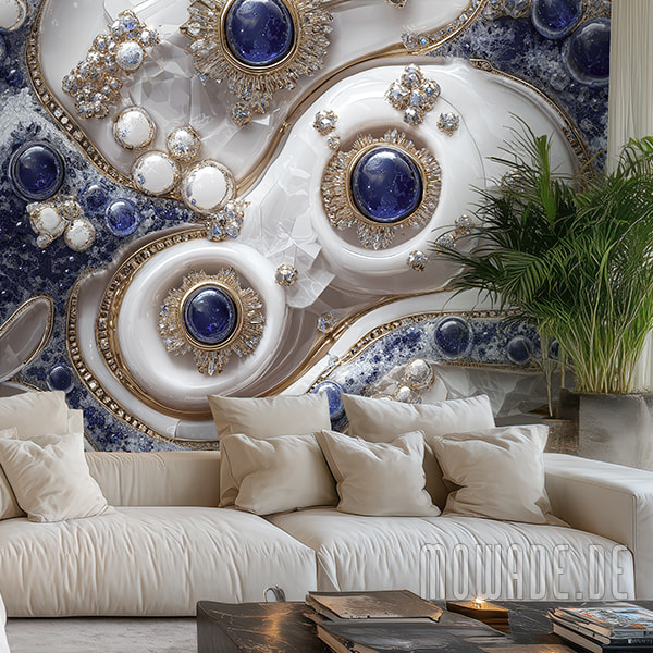 luxustapete blau weiss gold schmuck diamanten
