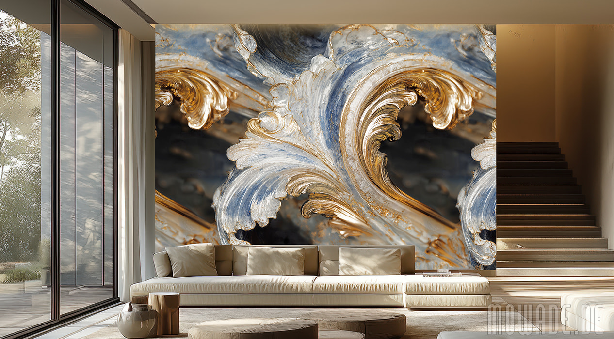 neo-barock tapete blau gold grosses ornament