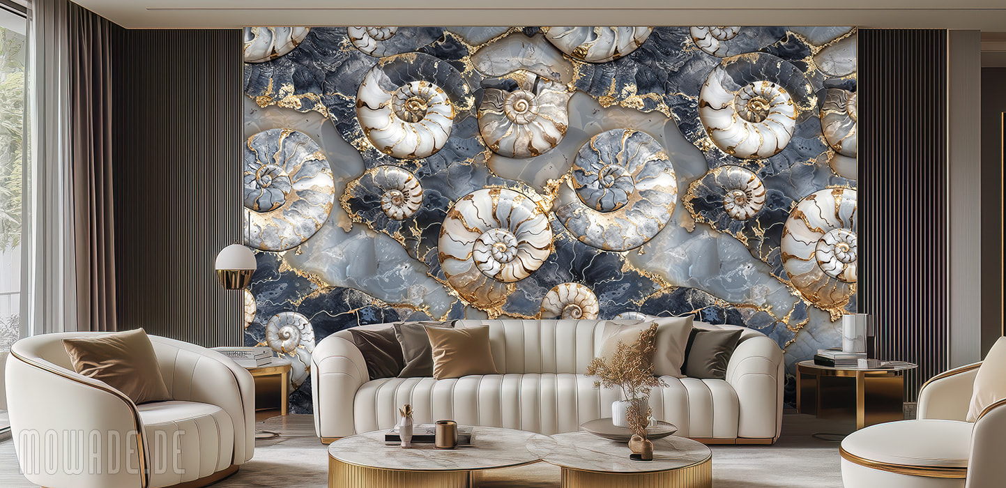 photomural ammonite blue gold white
