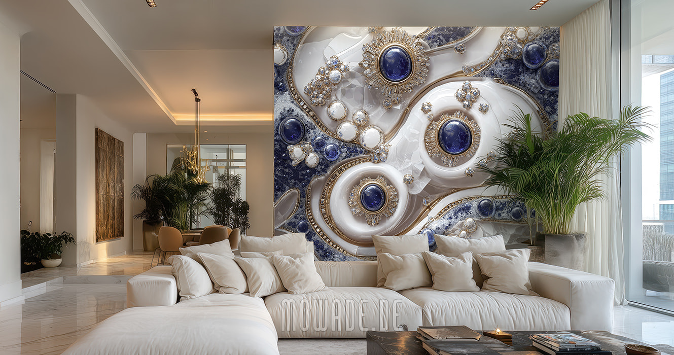 tapete blau weiss gold exklusiv diamanten schmuck