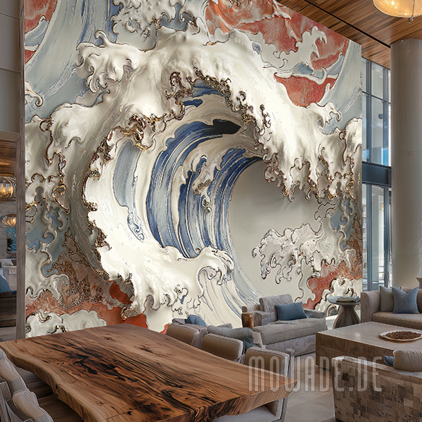 tapete wellen-motiv blau creme-weiss rot