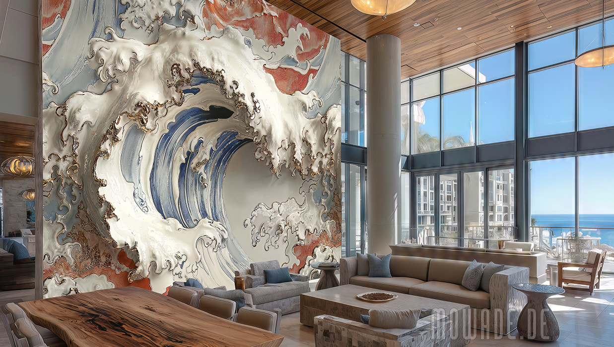 vliestapete grosse welle blau creme-weiss rot gold