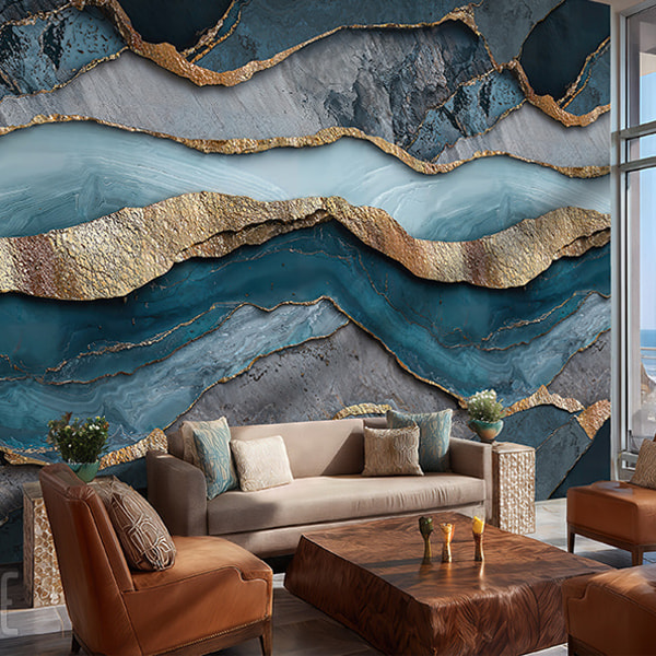 vliestapete steinoptik tuerkis gold elegante gesteinsschichten