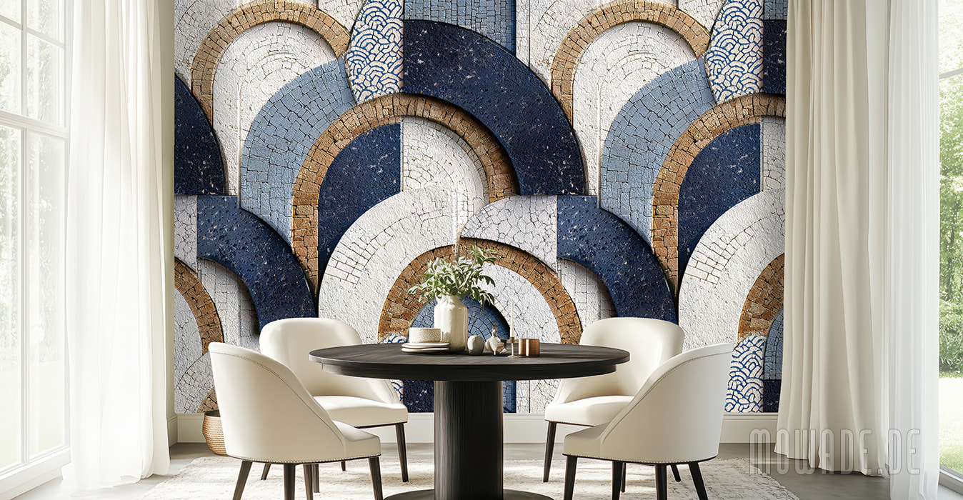 wandtapete blau weiss ocker bogen