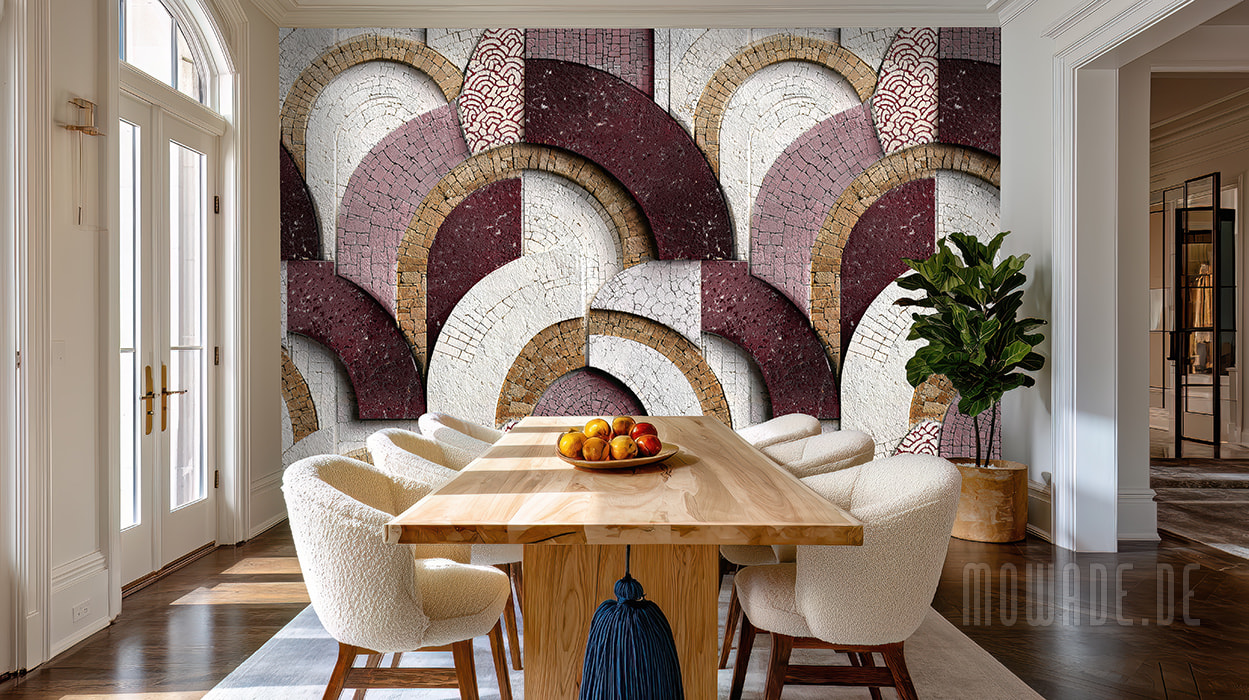 wandtapete rot weiss ocker bogen