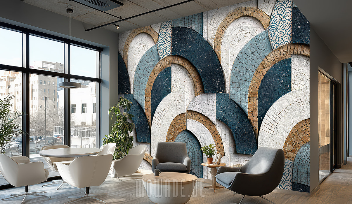 wandtapete tuerkis weiss ocker bogen