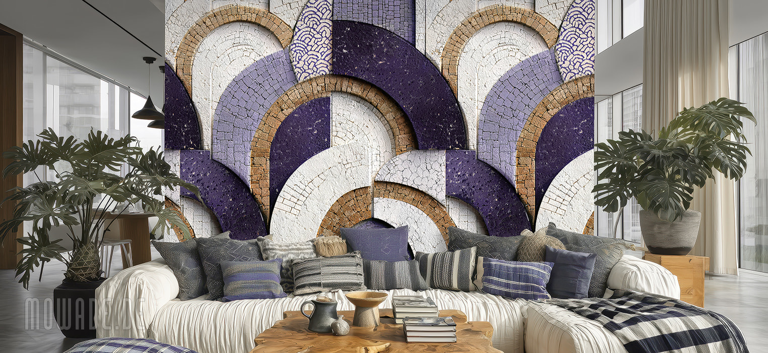 wandtapete violett weiss ocker bogen