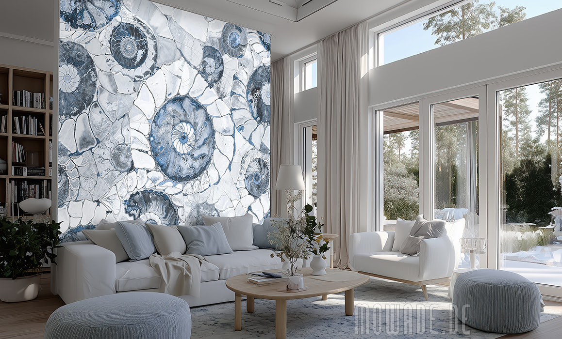 wohnzimmer-tapete blau ammoniten