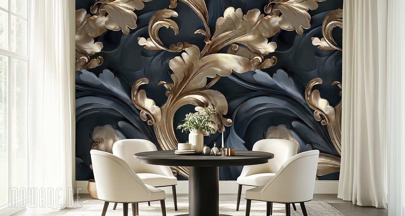 wohnzimmer-tapete blau-gold ornament neo-barock