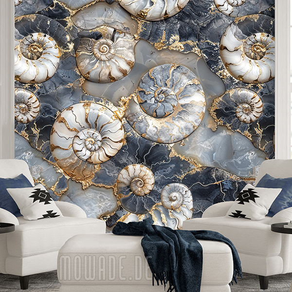wohnzimmer-tapete blau-gold xxl ammoniten
