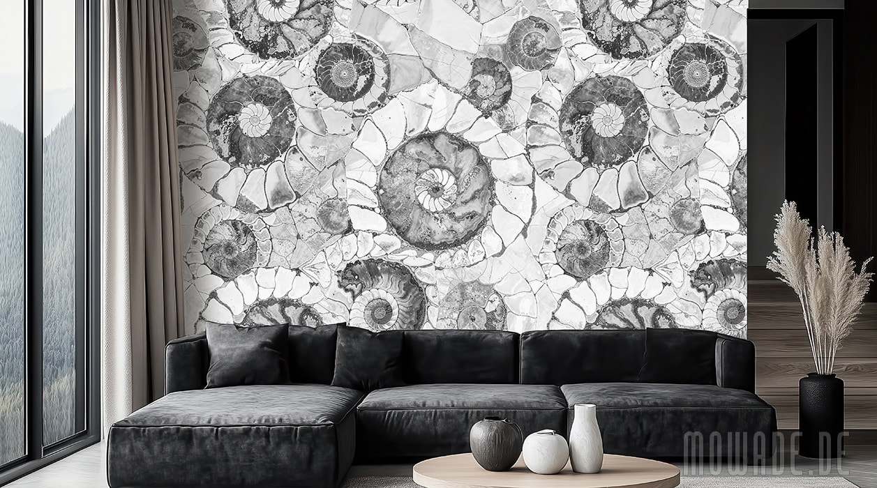 wohnzimmer-tapete grau ammoniten