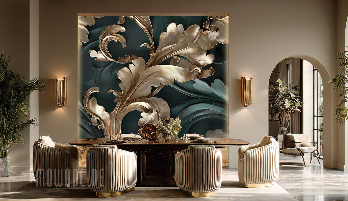 wohnzimmer tapete gruen gold ornament neo-barock