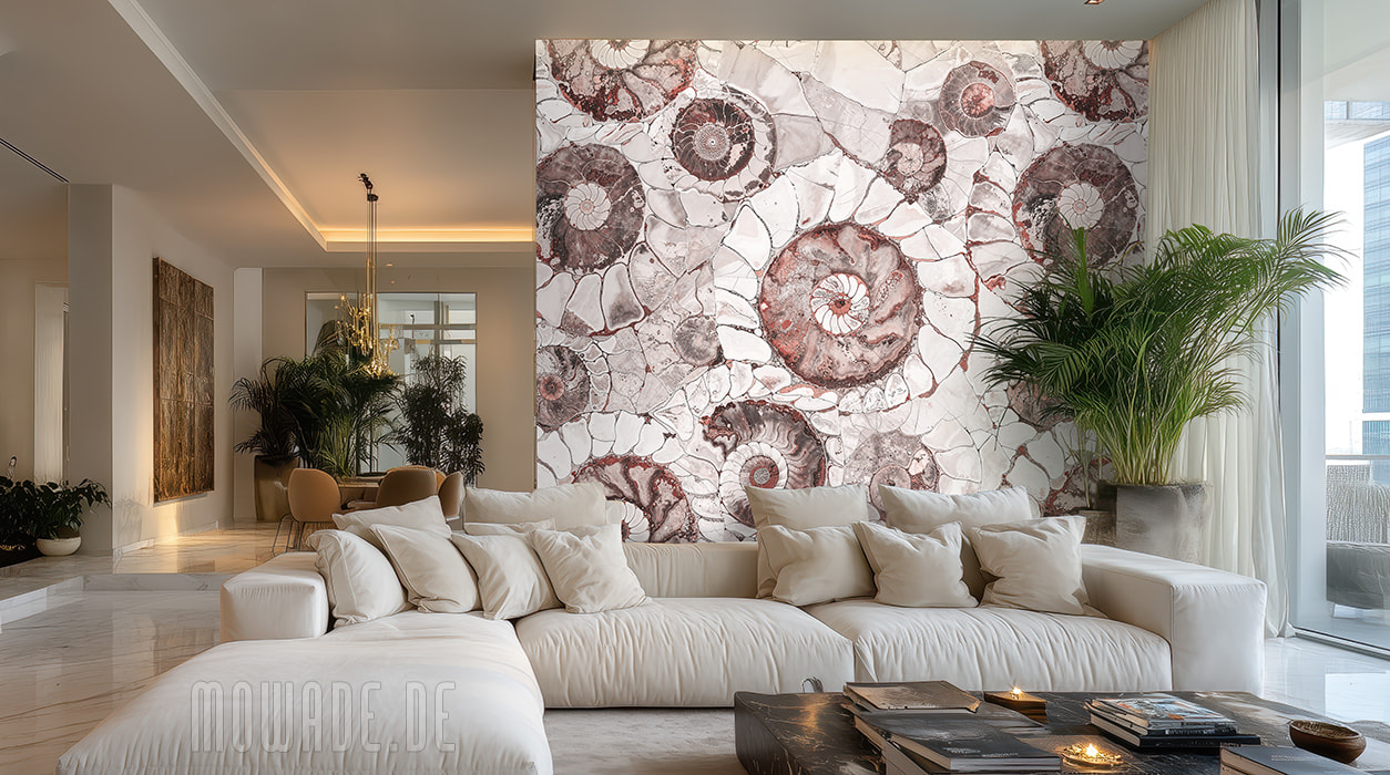 wohnzimmer tapete rot ammoniten