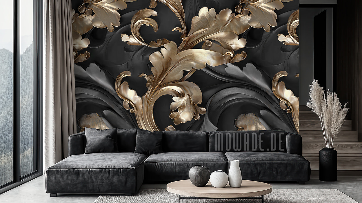 wohnzimmer-tapete schwarz gold ornament neo-barock