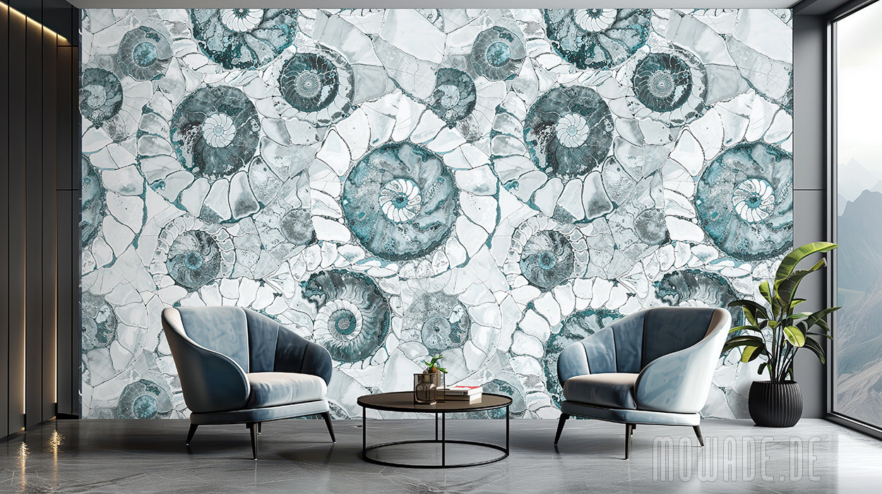 wohnzimmer-tapete tuerkis ammoniten