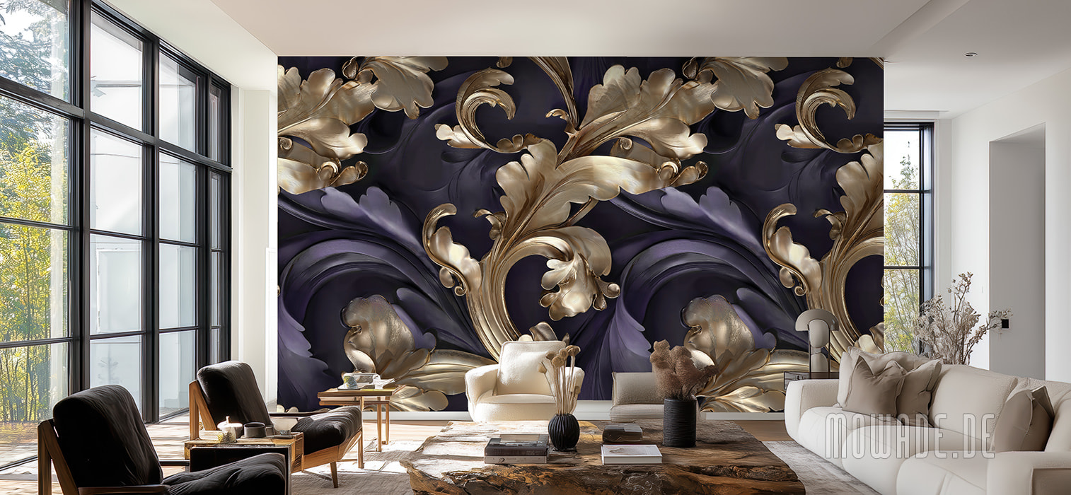 wohnzimmer-tapete violett gold ornament neo-barock