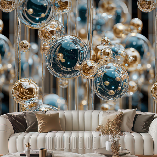 bild-tapete schwebende glaskugeln tuerkis gold
