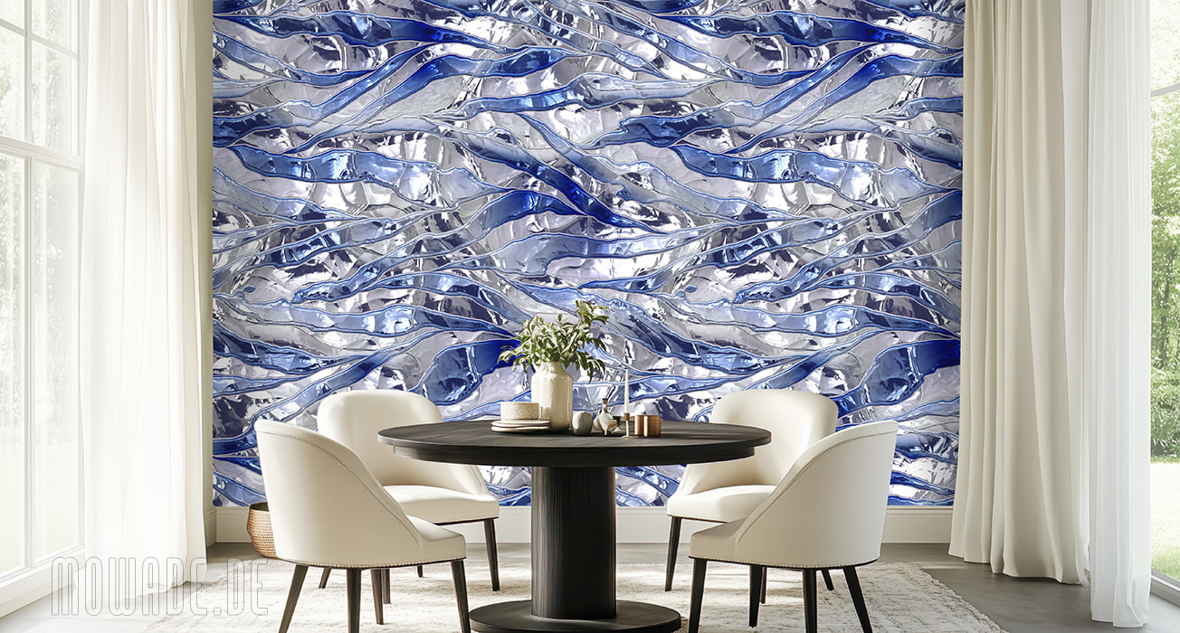 modernes tapetendesign blau weiss metall-optik