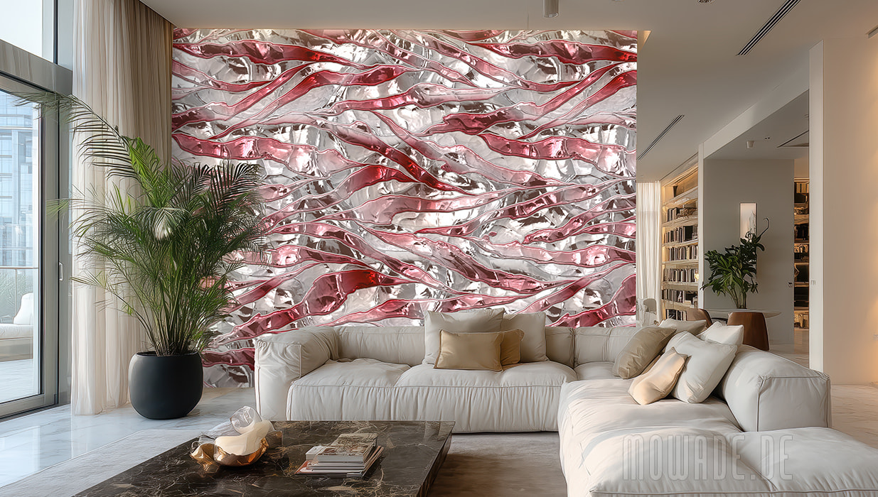modernes tapetendesign rot weiss metall-optik