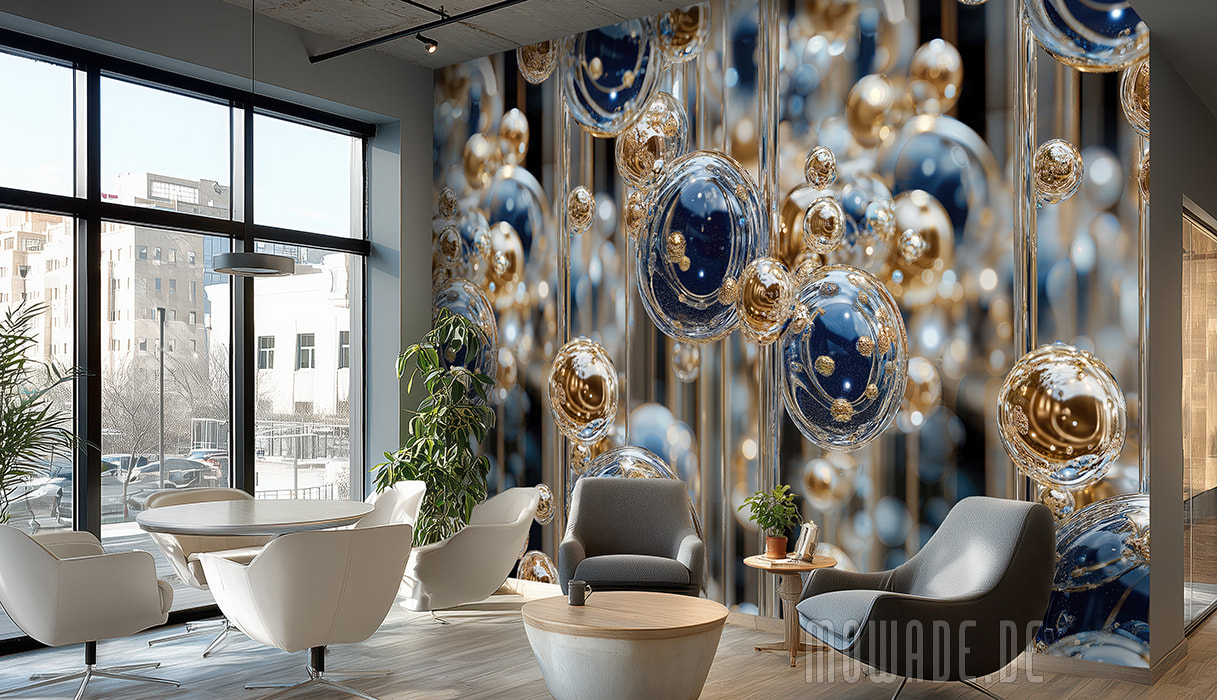 wohnzimmer-tapete blau gold schwebende kugeln