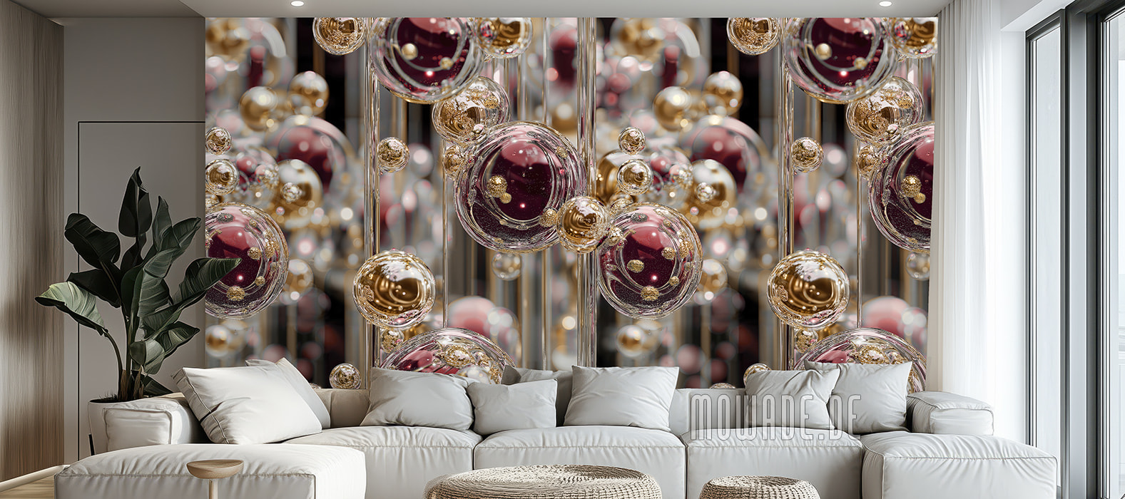 wohnzimmer-tapete rot gold schwebende kugeln