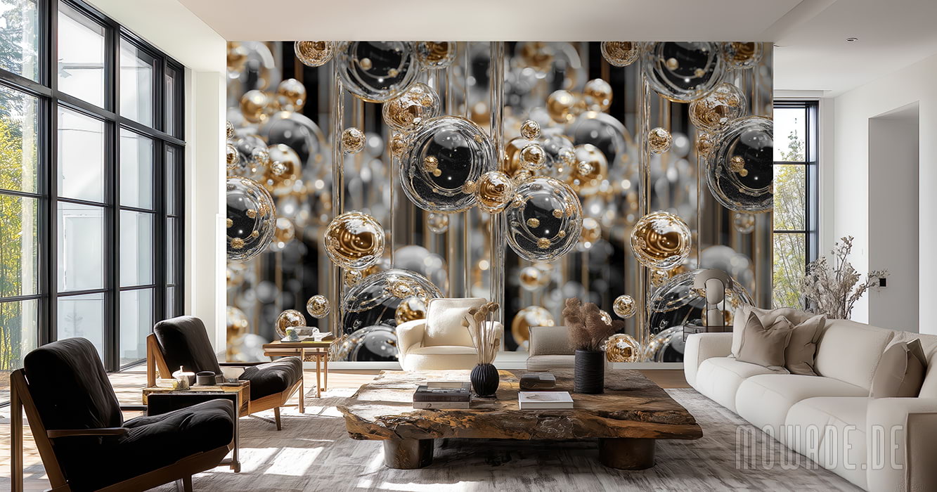 wohnzimmer-tapete schwarz gold schwebende kugeln