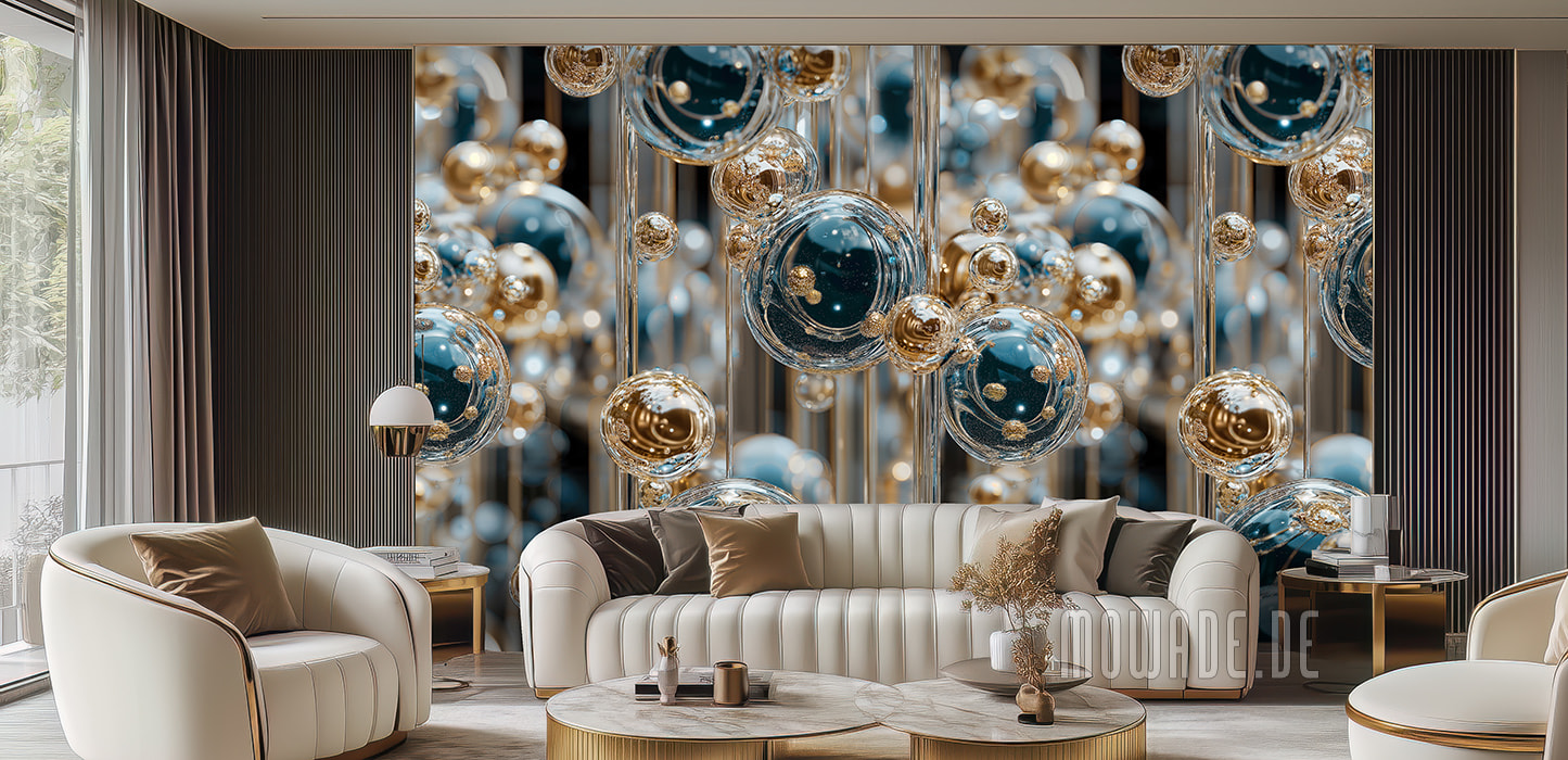wohnzimmer-tapete tuerkis gold schwebende kugeln